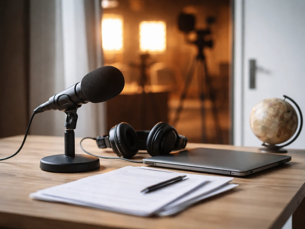 TV studio desk with microphone and headphones, warm studio lights in the background.