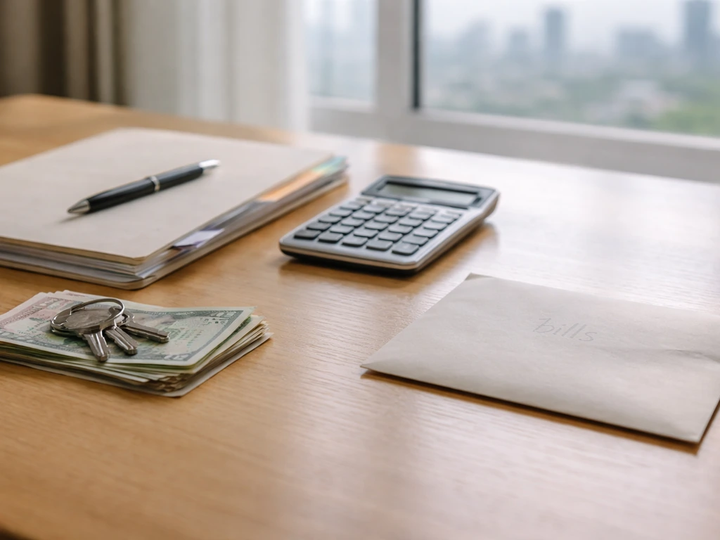 Close-up of a tidy desk with cash and property documents beside a calculator, symbolizing assets minus liabilities.