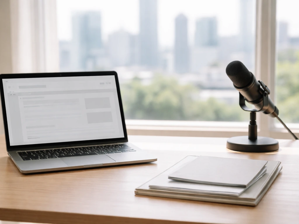 Minimal media-and-finance scene: laptop, documents, and city view symbolizing public wealth verification ecosystem