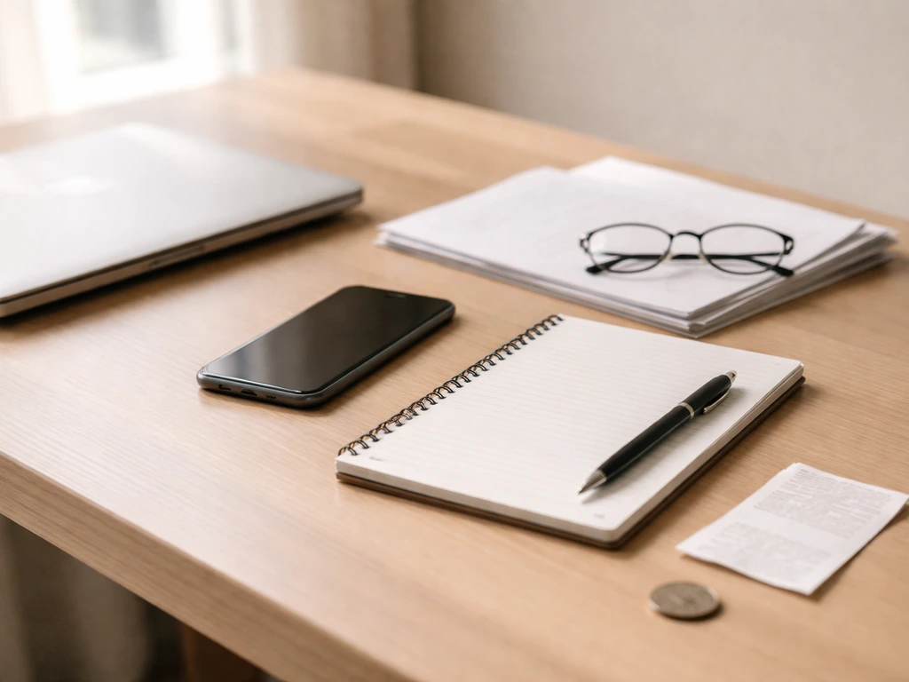 Minimal desk with laptop, phone, blank notebook, documents, and pen for self-verifying an estimate.
