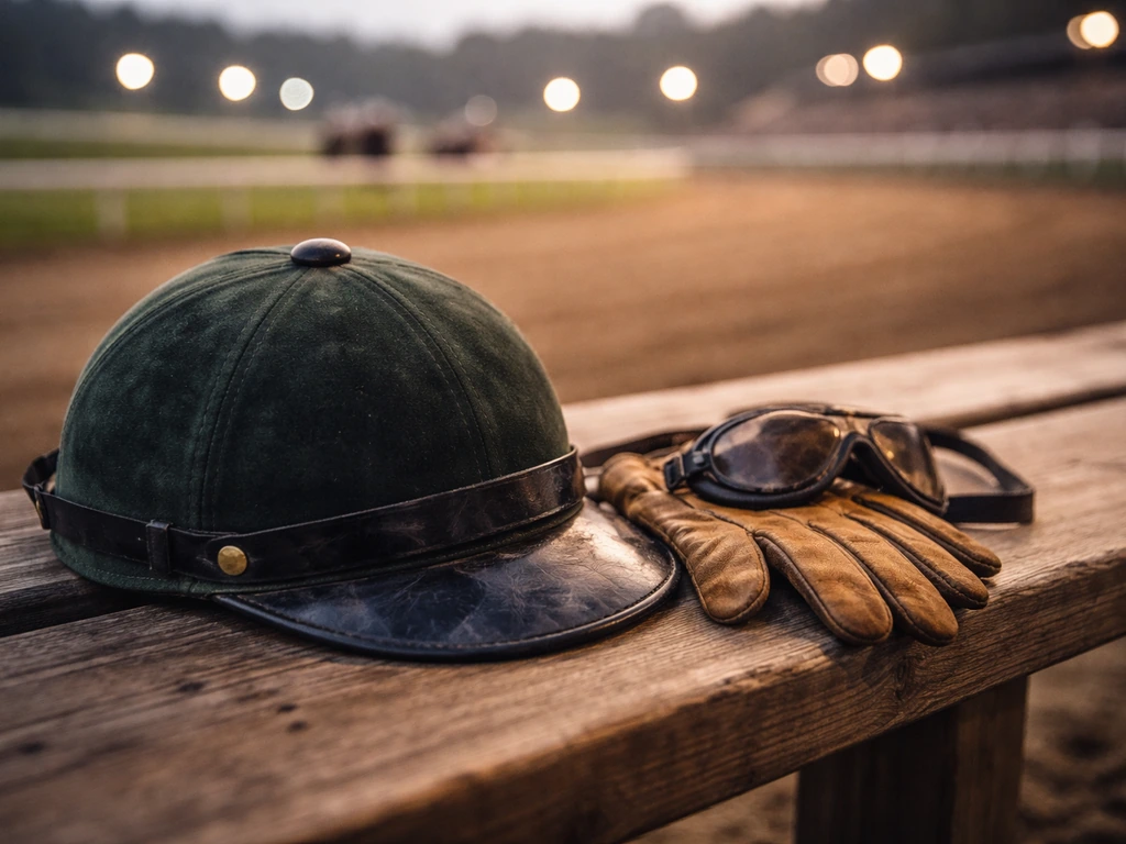 Jockey helmet and riding gloves on a bench trackside with a softly blurred racetrack behind.
