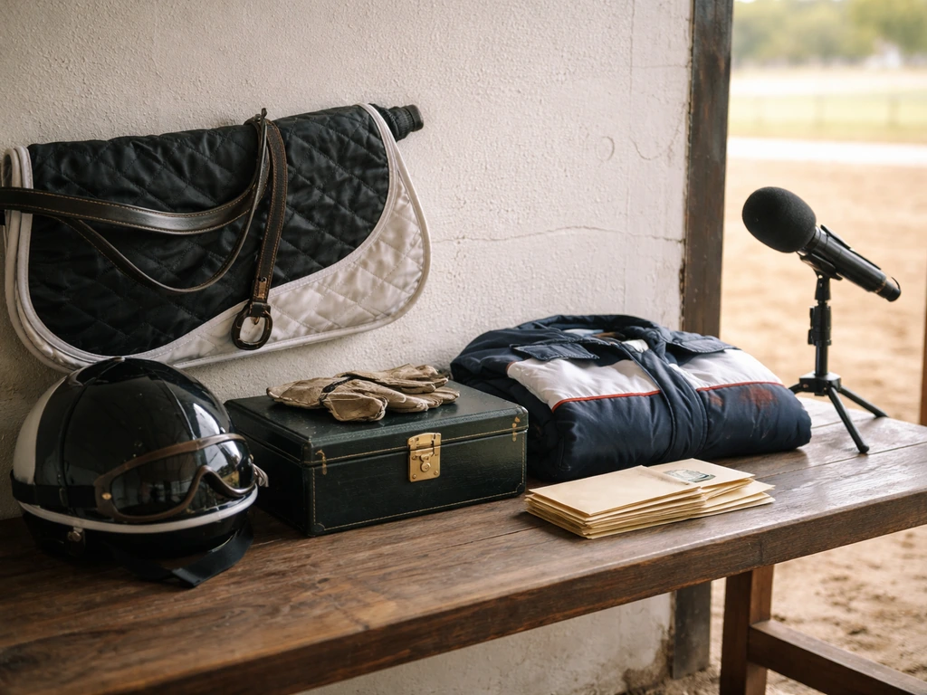 Anonymous racing gear and tack with envelopes and a microphone in a sunlit stable.