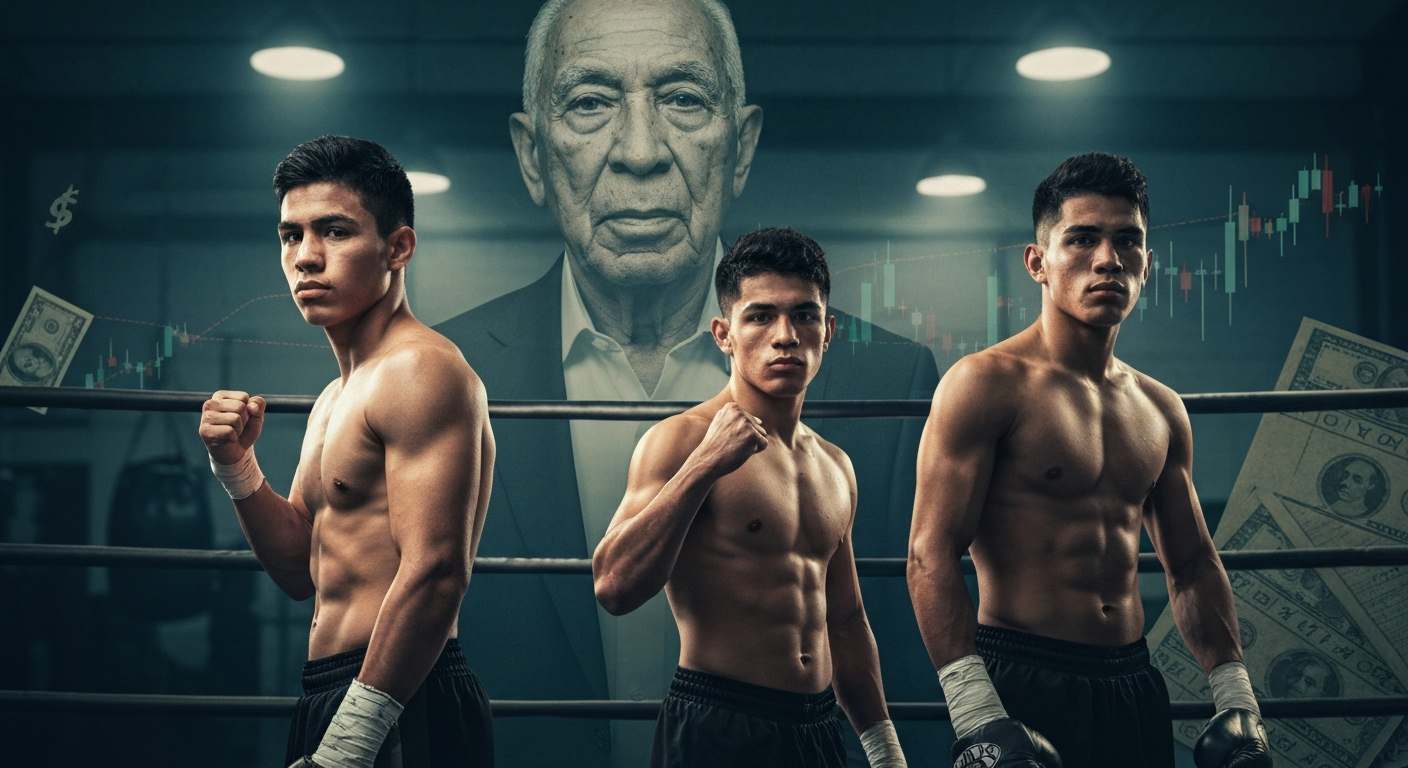 Editorial composite of three young boxers in a gym with a faded portrait of an older boxer behind them and subtle financial chart overlays, representing the Vargas family and net-worth themes.