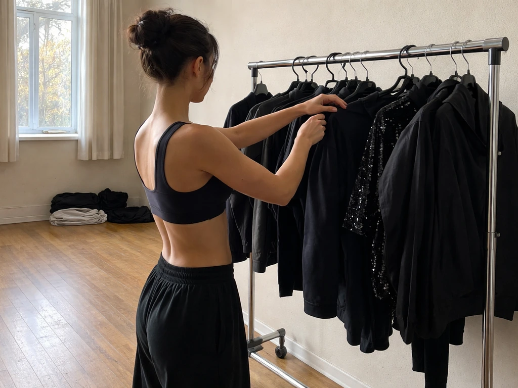 Anonymous dancer adjusting costume backstage in a quiet rehearsal studio with daylight.