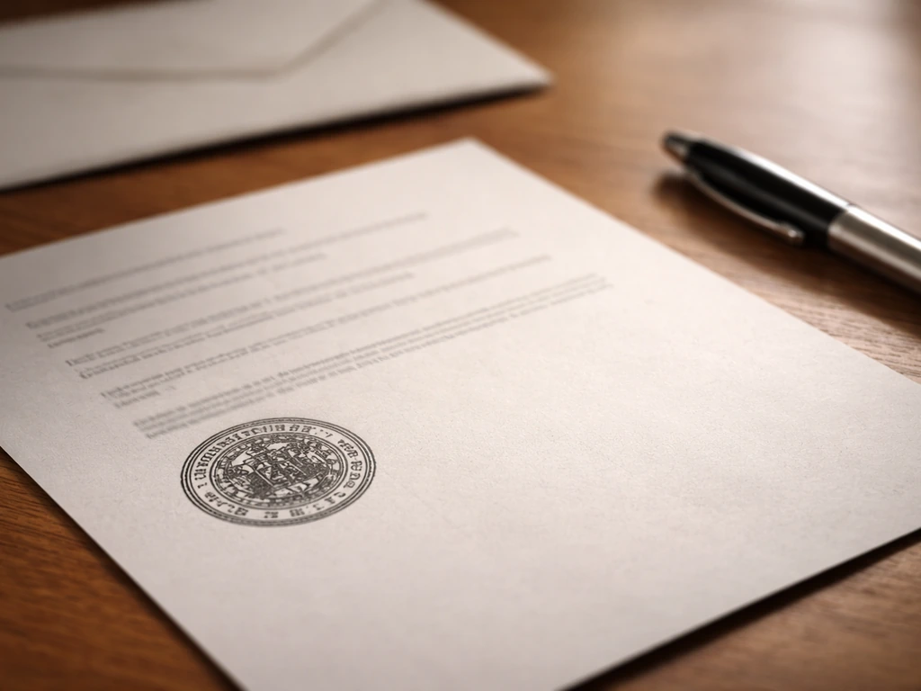 Close-up of a business registration notice document with stamped seal on a desk in soft natural light