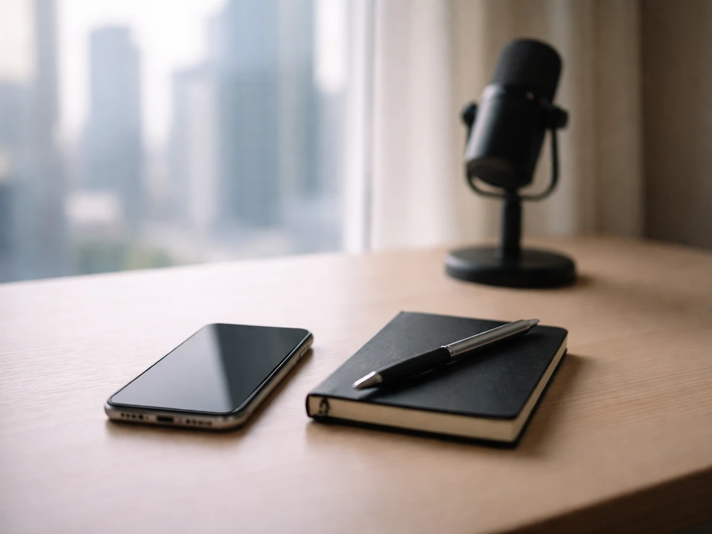 Minimal desk scene with a smartphone, notebook, pen, and microphone base near a window city view.
