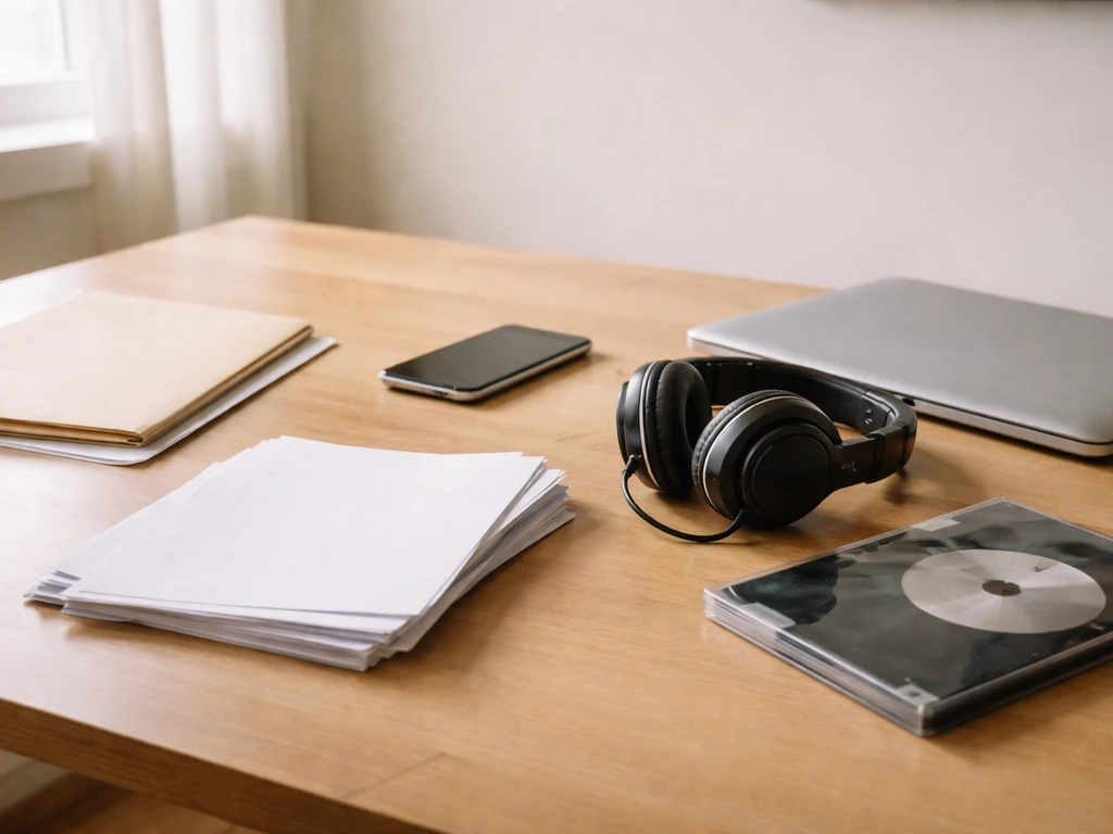 Minimal desk scene with blank documents and media items symbolizing income and wealth signals.