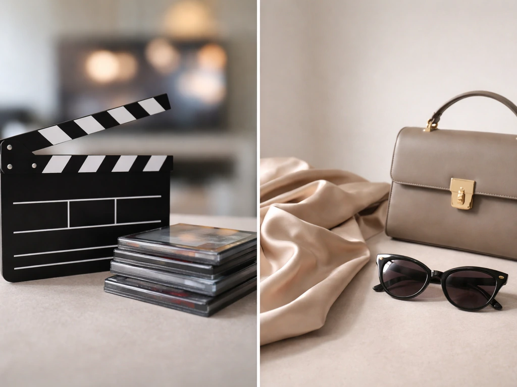 Minimal split scene showing acting/TV clapper and streaming motif versus fashion fabric and accessories for wealth strea
