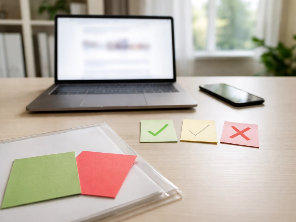 Minimal office desk with red and green cues, laptop and phone suggesting careful source verification.