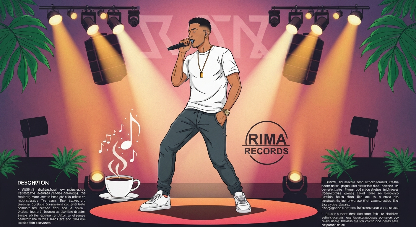 Stylized editorial illustration of a Puerto Rican singer performing on stage with a coffee motif and warm lighting, representing Jovani Vázquez.