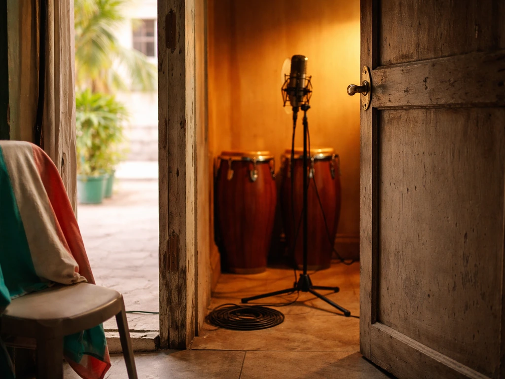 Warm studio doorway with a microphone and conga drums, symbolizing a tropical music artist.
