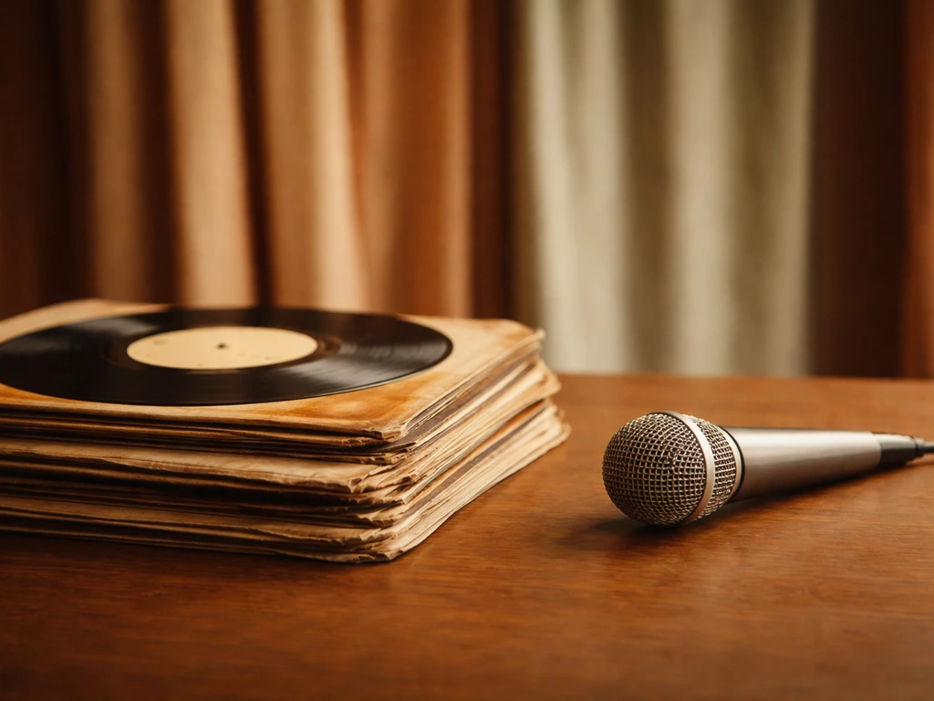 Vinyl records and a simple microphone on a wooden table, evoking music recordings and royalties.
