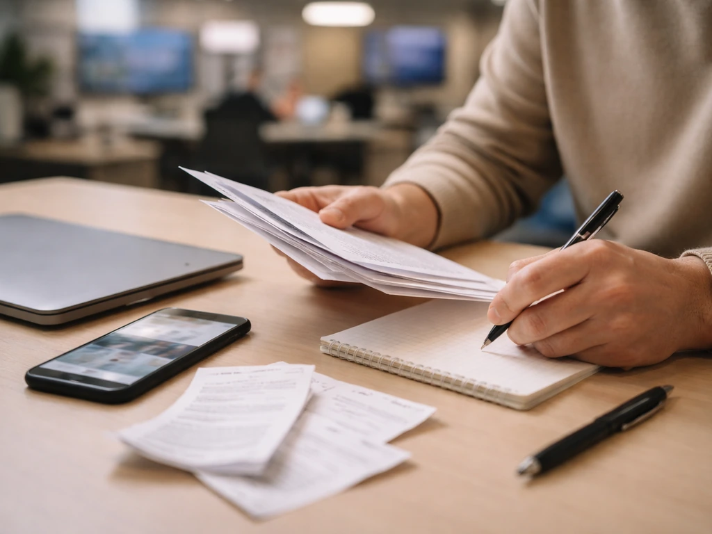 Person reviewing financial and media clues on a desk with documents, laptop, and a smartphone