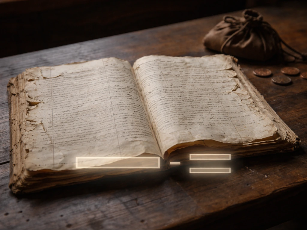 Open aged ledger with scattered coins and a subtle assets-minus-liabilities subtraction gesture