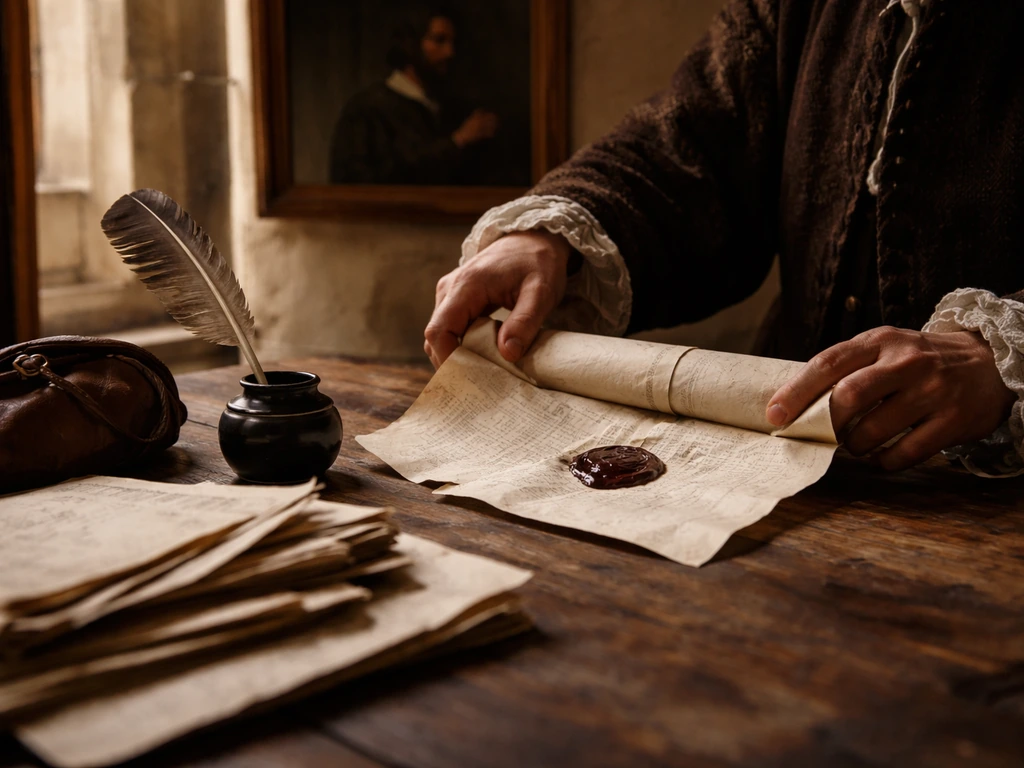17th-century parchment documents with wax seal on a wooden table, quill and ink nearby.