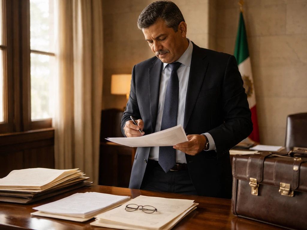 Anonymous Mexican lawyer-politician in a historic office with legal folders, sunlight through tall windows.