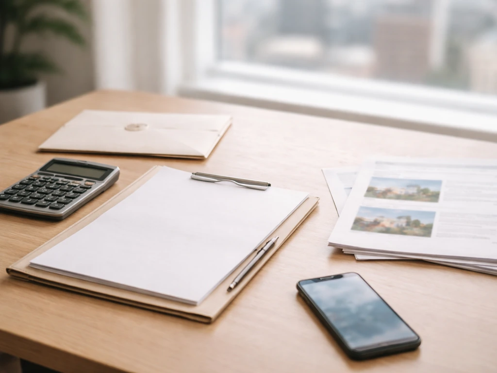 Minimal desk scene with documents, calculator, and a smartphone showing a finance workflow vibe