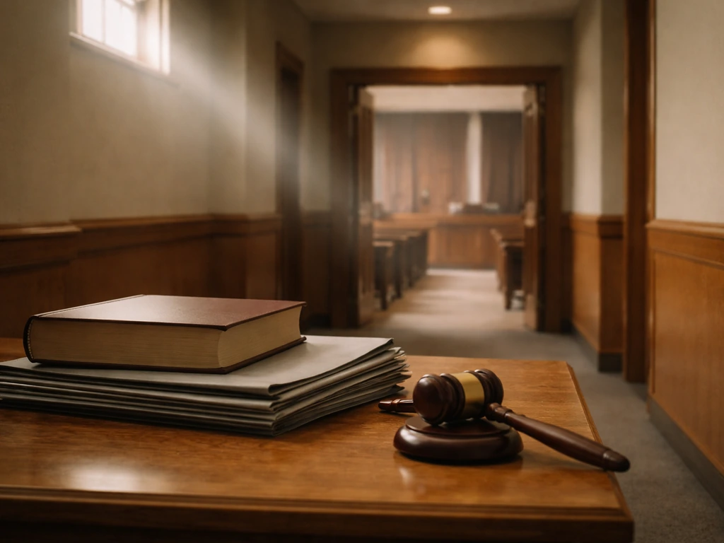 Quiet law office courtroom corridor with filing folders and a wooden gavel on a desk
