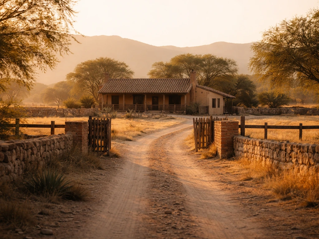 Sunlit ranch yard with a rustic farmhouse and perimeter fences, symbolizing Rancho El Estanco landholdings.