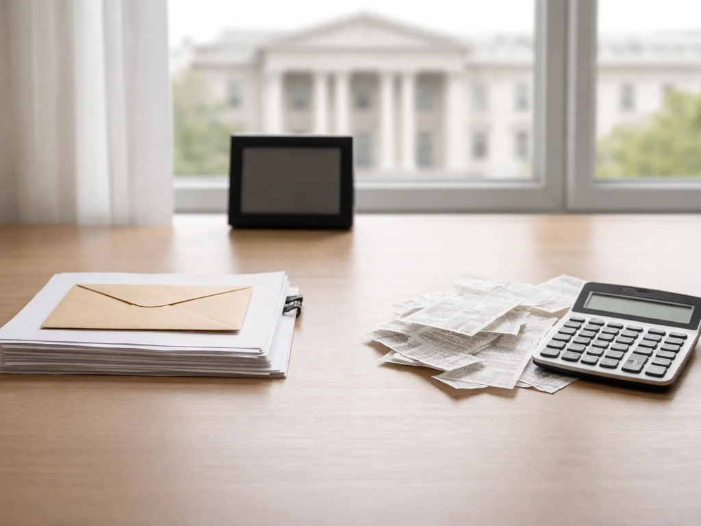 Minimal desk scene with sealed documents on one side and unconfirmed receipts on the other, no text.