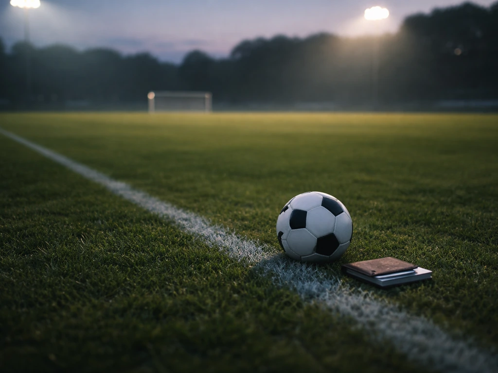 Empty football pitch at dusk with a lone training ball near the touchline, evoking an athlete profile and finances.