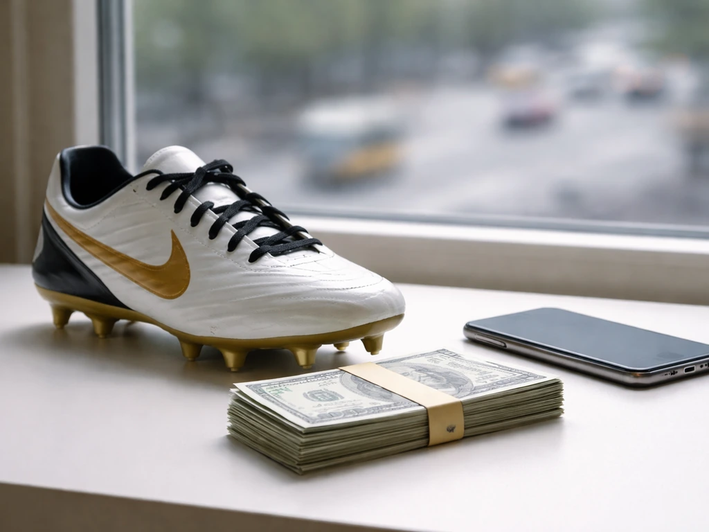 Close-up of a football boot beside neatly stacked cash and a smartphone on a desk