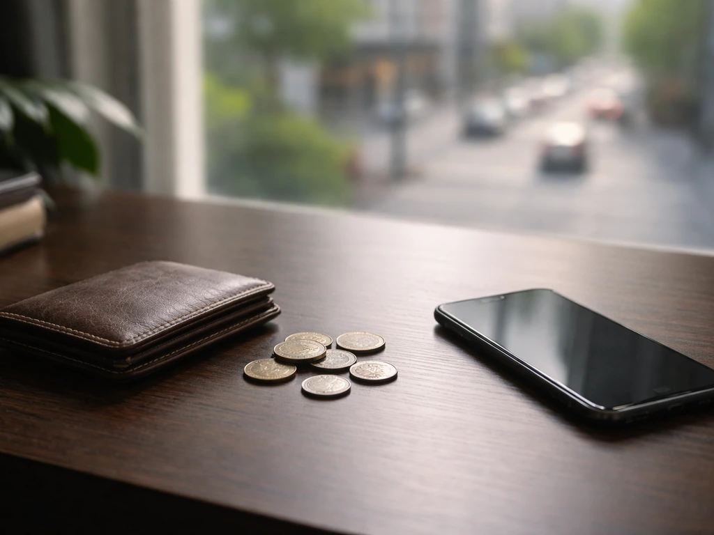 Minimal desk scene with a smartphone, wallet, and scattered coins symbolizing shifting career wealth over time.