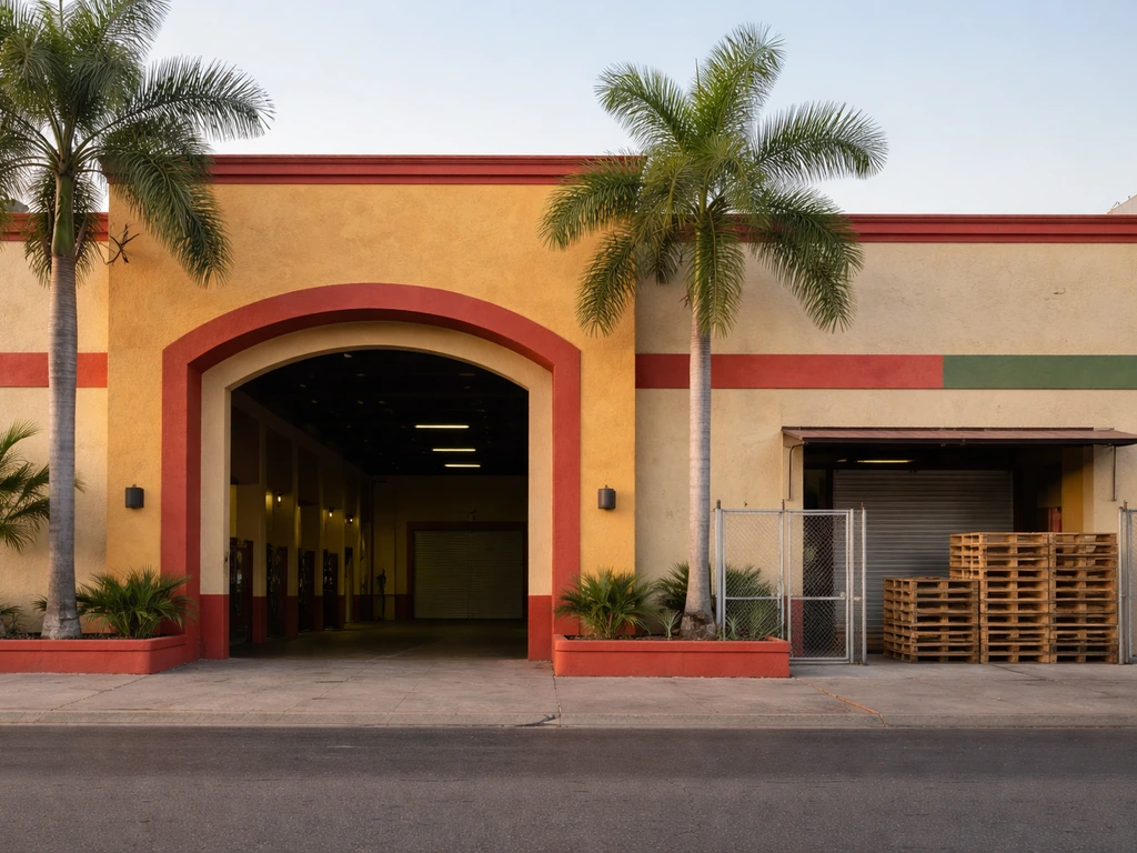Exterior view of a Mexican candy factory building with quiet loading area and warm morning light.
