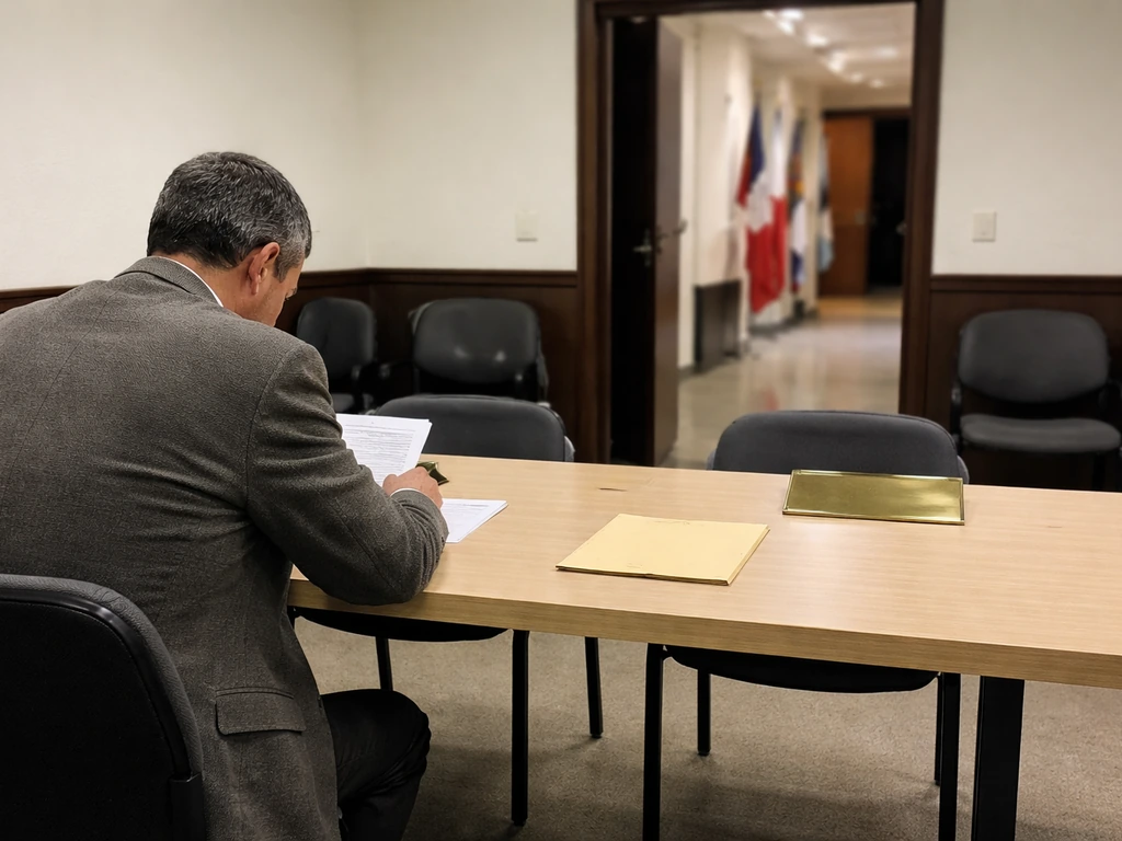 An anonymous man at a municipal meeting table in a quiet council room, suggesting institutional leadership.