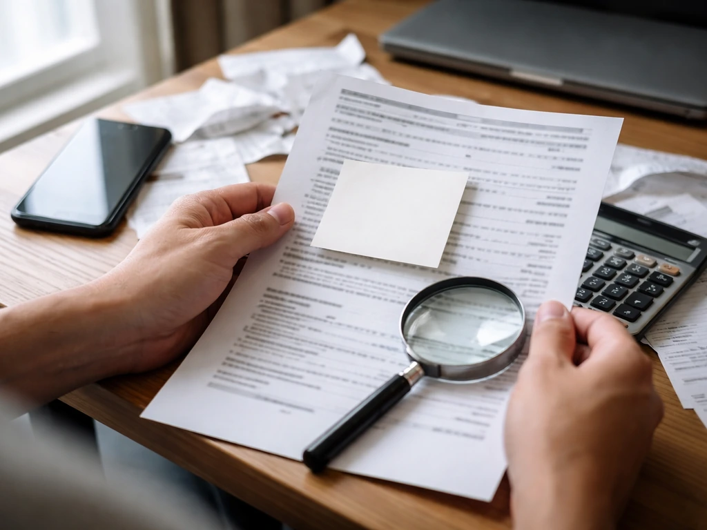 Hands reviewing papers with a magnifying glass and smartphone, suggesting skepticism about an unverified net worth claim