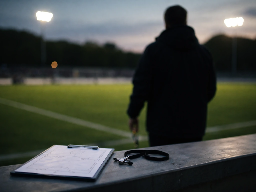 Anonymous football coach silhouette near a stadium touchline, symbolic of coaching and public-profile search interest.
