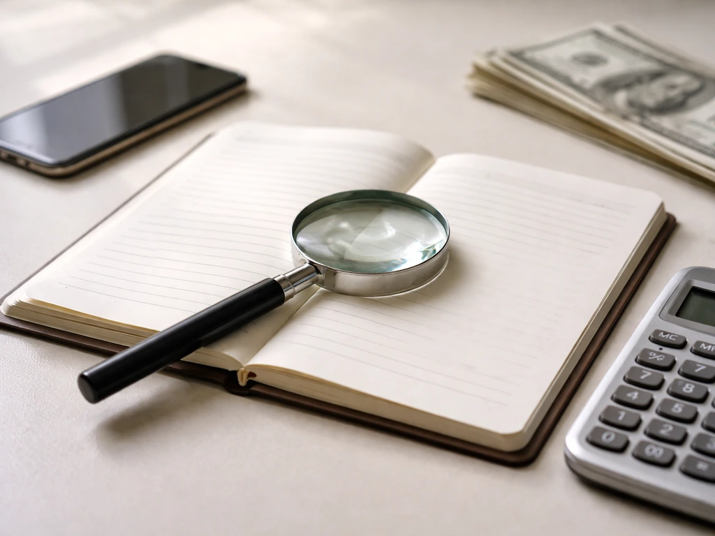 Minimal desk scene with calculator, magnifying glass, and small cash stack suggesting net-worth estimate review.