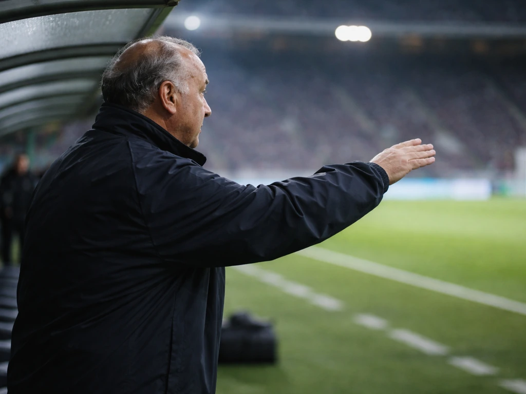 An anonymous football coach gesturing from a Real Madrid-like sideline bench under stadium lights