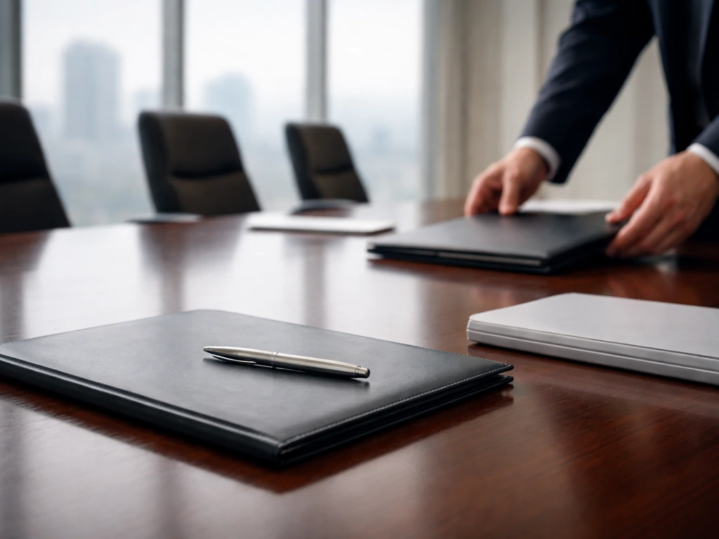 Anonymous boardroom with hands adjusting a folder and pen, suggesting official corporate governance documents.
