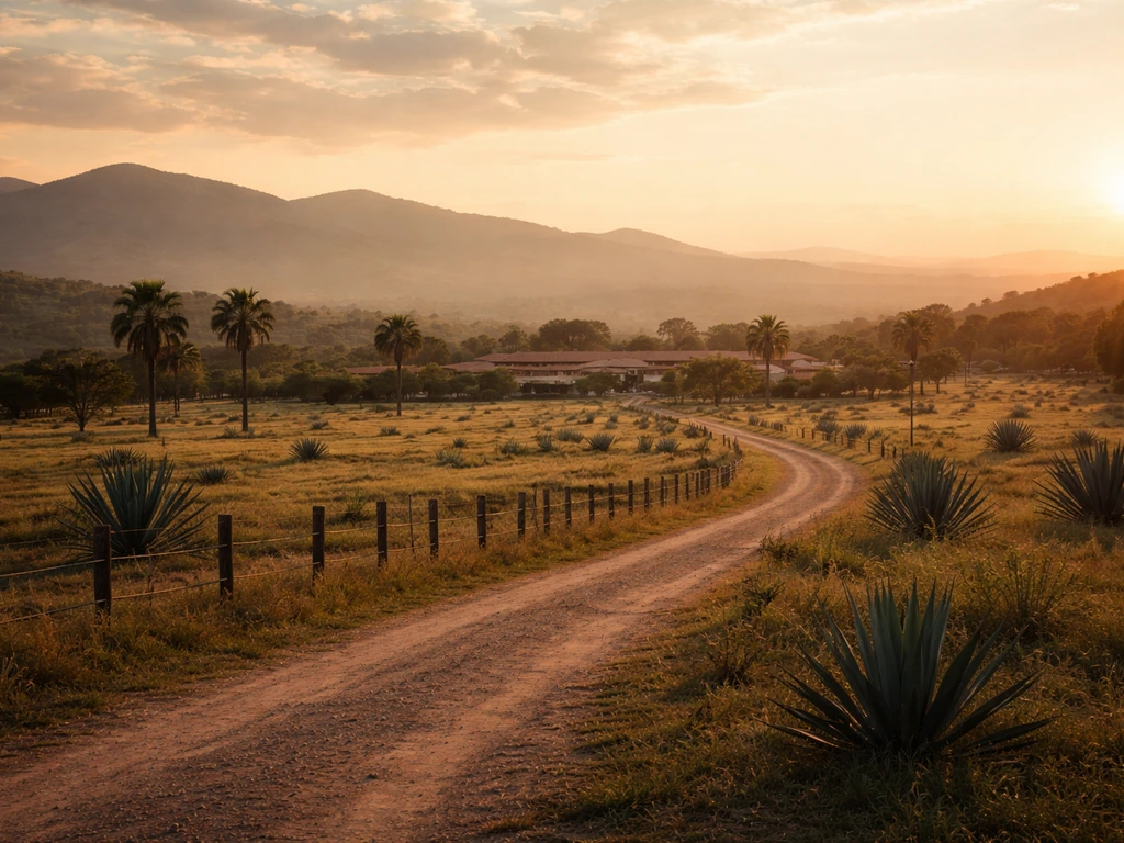 Cinematic view of a lush ranch landscape in Jalisco, Mexico with distant hills and warm sunset light