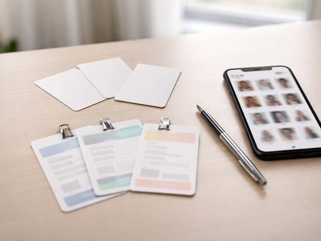 Minimal office tabletop with multiple blank business cards and badges beside a blurred phone profile grid.