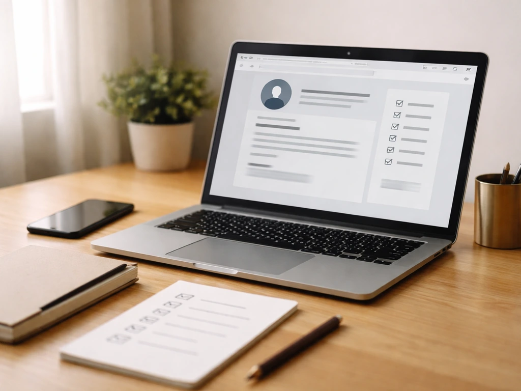 Desk with laptop open to a business profile page and a checklist for verifying source and update freshness.