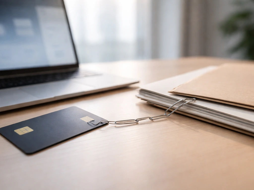 Close-up of a credit card on a desk beside a laptop and folders, suggesting core finance and assets.