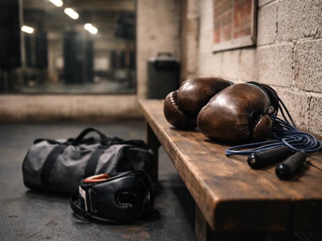 Worn boxing gloves on a bench in a quiet gym, symbolizing a boxer’s income and public profile.