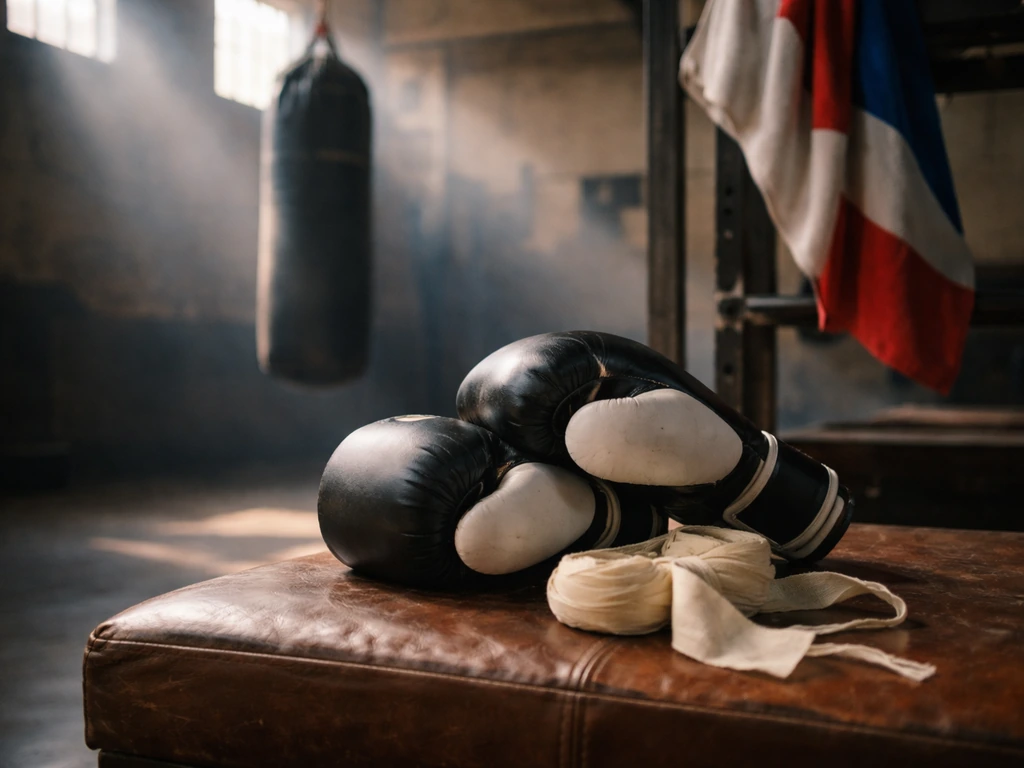 Anonymous boxing gloves and wraps in a training gym with a heavy bag blurred in the background.