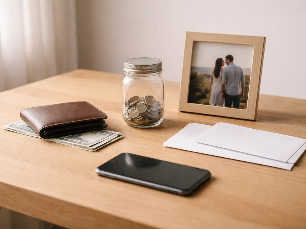 Minimal finance desk scene with assets and liabilities implied by objects on a wooden table.