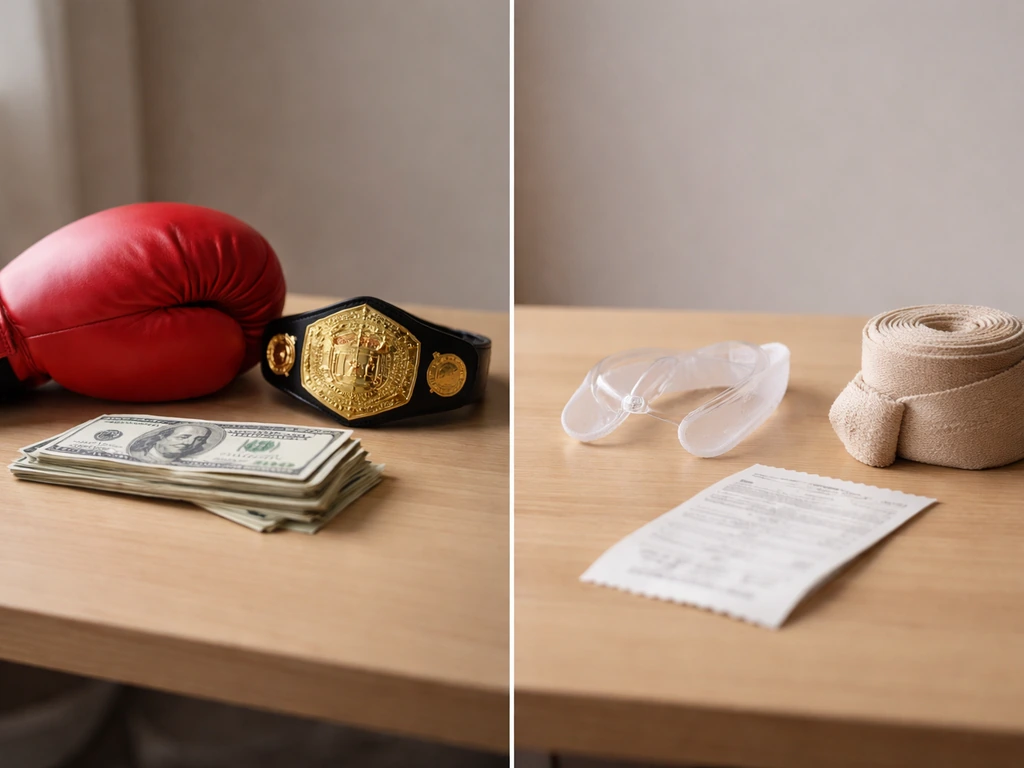 Two side-by-side boxing-themed objects: belt and cash on one side, injury gear and expenses on the other.