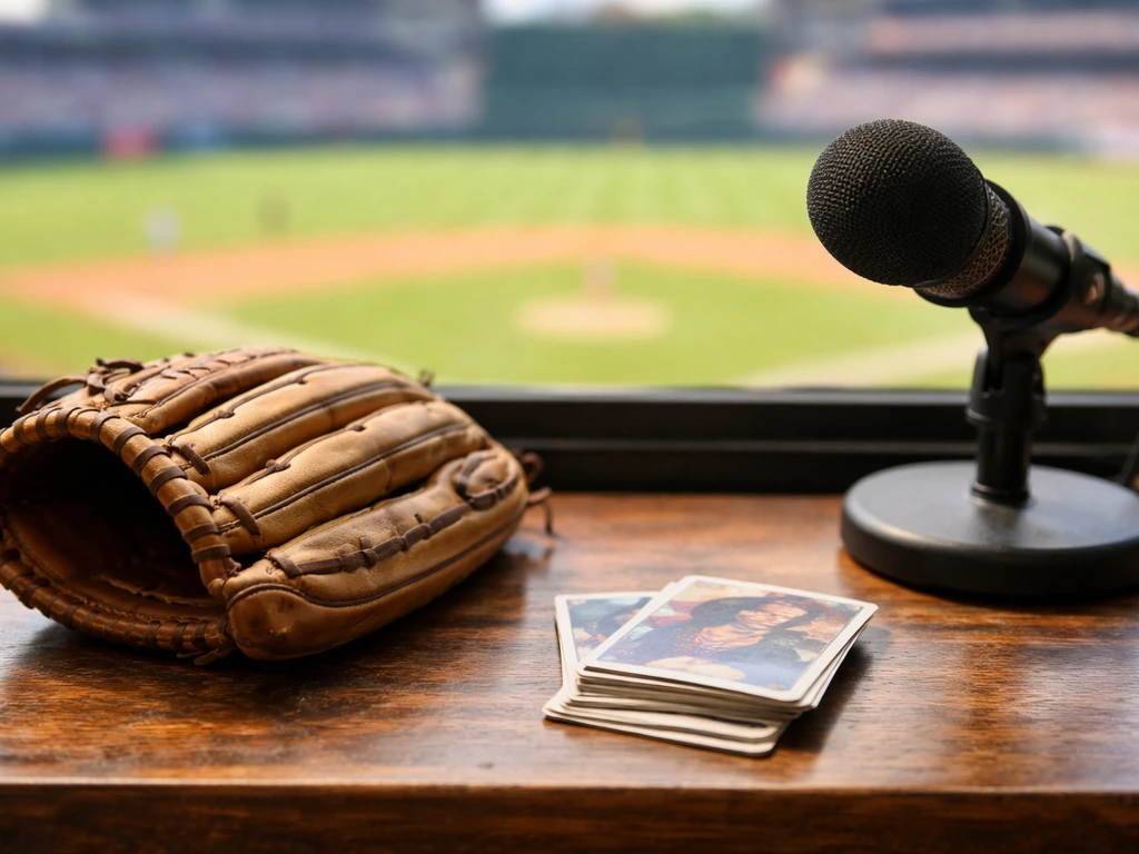 A pitching glove on a desk beside a broadcast microphone, with a softly blurred baseball stadium background.