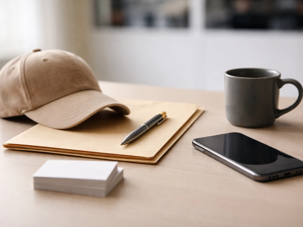 Minimal desk scene with a baseball cap and a closed contract folder beside a smartphone, symbolizing sports earnings.
