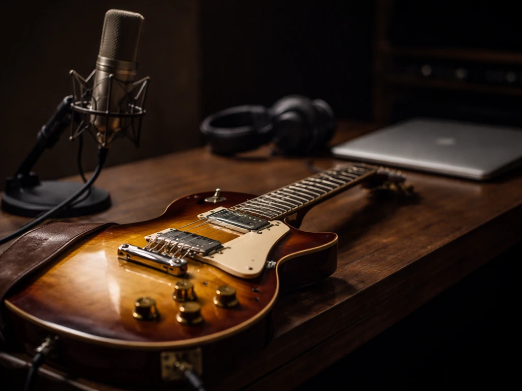 Studio guitar and recording gear with a moody, wealth-themed lighting setup