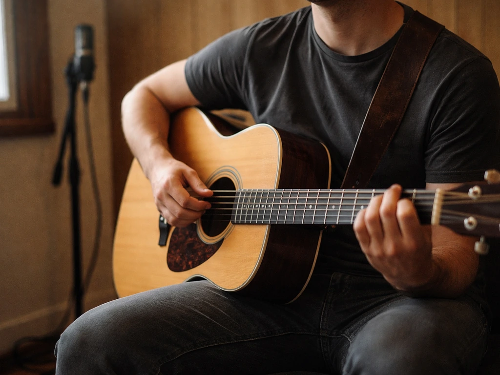 Anonymous musician with an acoustic guitar in a simple studio, suggesting a Mexican rock guitarist role.