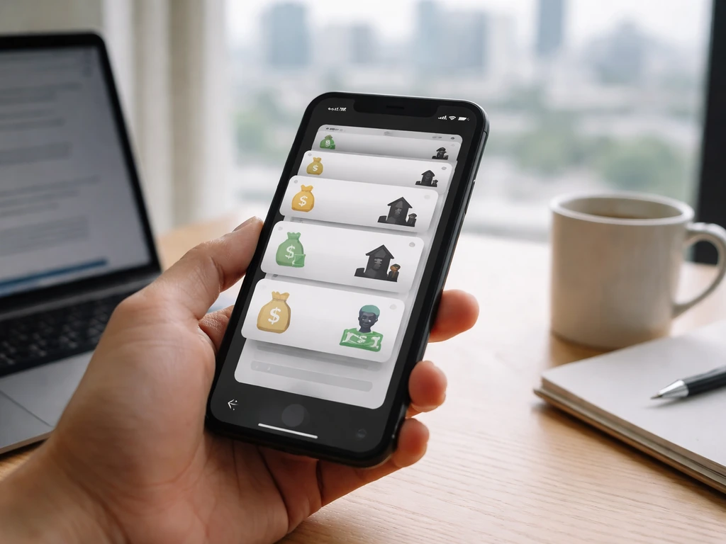Hand checking a smartphone at a desk with blurred finance/estimate webpages in the background