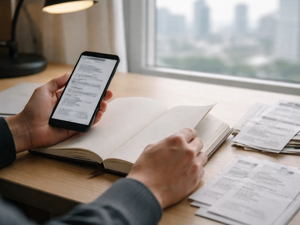 Minimal desk scene with a notebook, phone, and receipts suggesting independent estimate verification