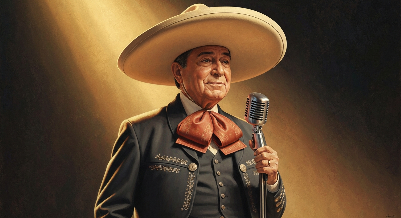 Stylized painted portrait of Vicente Fernández in a charro suit singing on stage under a warm spotlight.