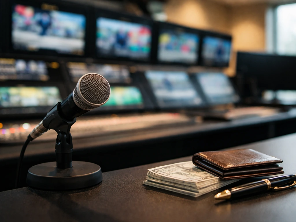 TV studio desk with a microphone and subtle financial items, symbolizing media and net worth analysis